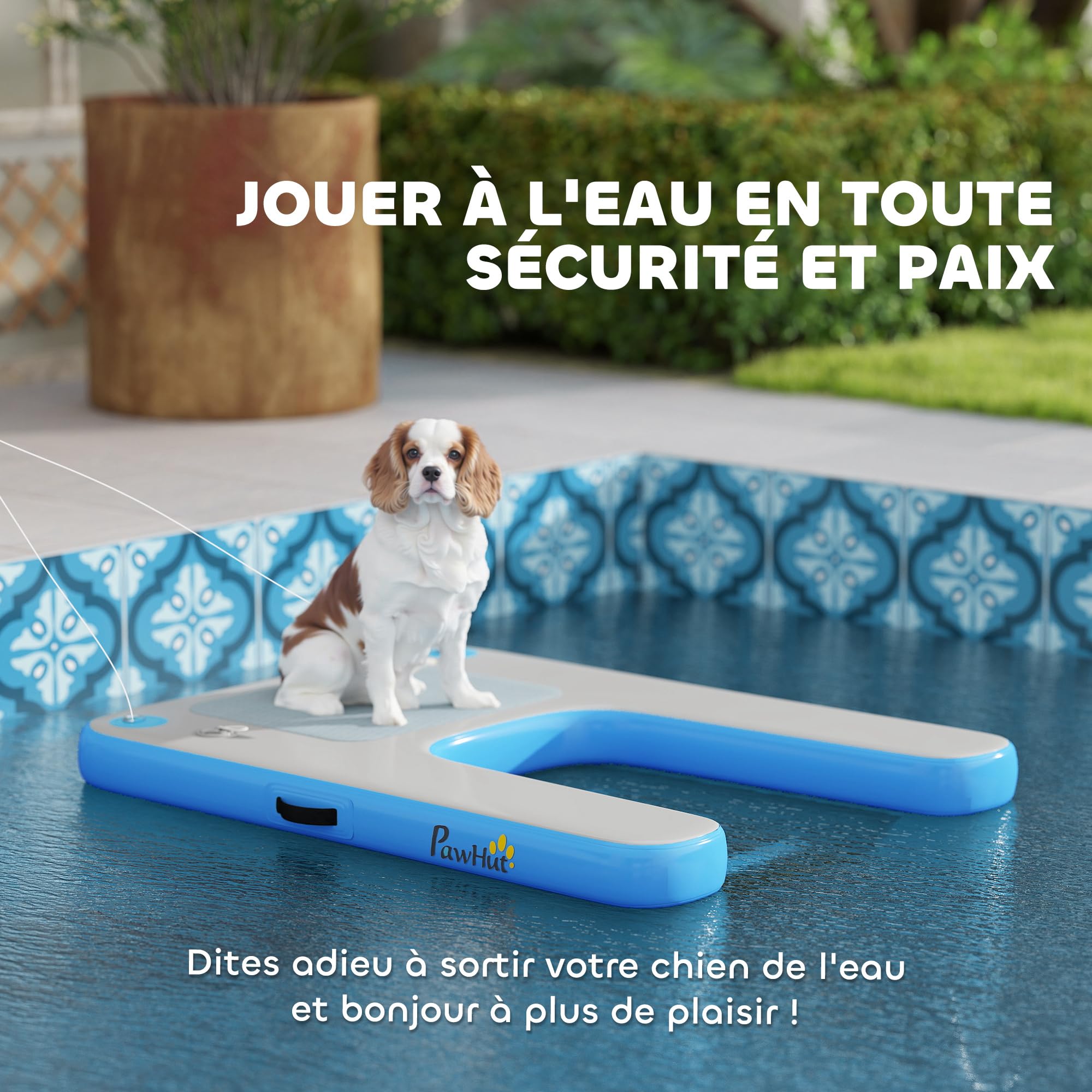 PawHut Rampe Gonflable de Radeau pour Chien antidérapante Bleu et Gris | Plate-forme flottante de sports nautiques, échelle flottante pour piscine, lac, bateau