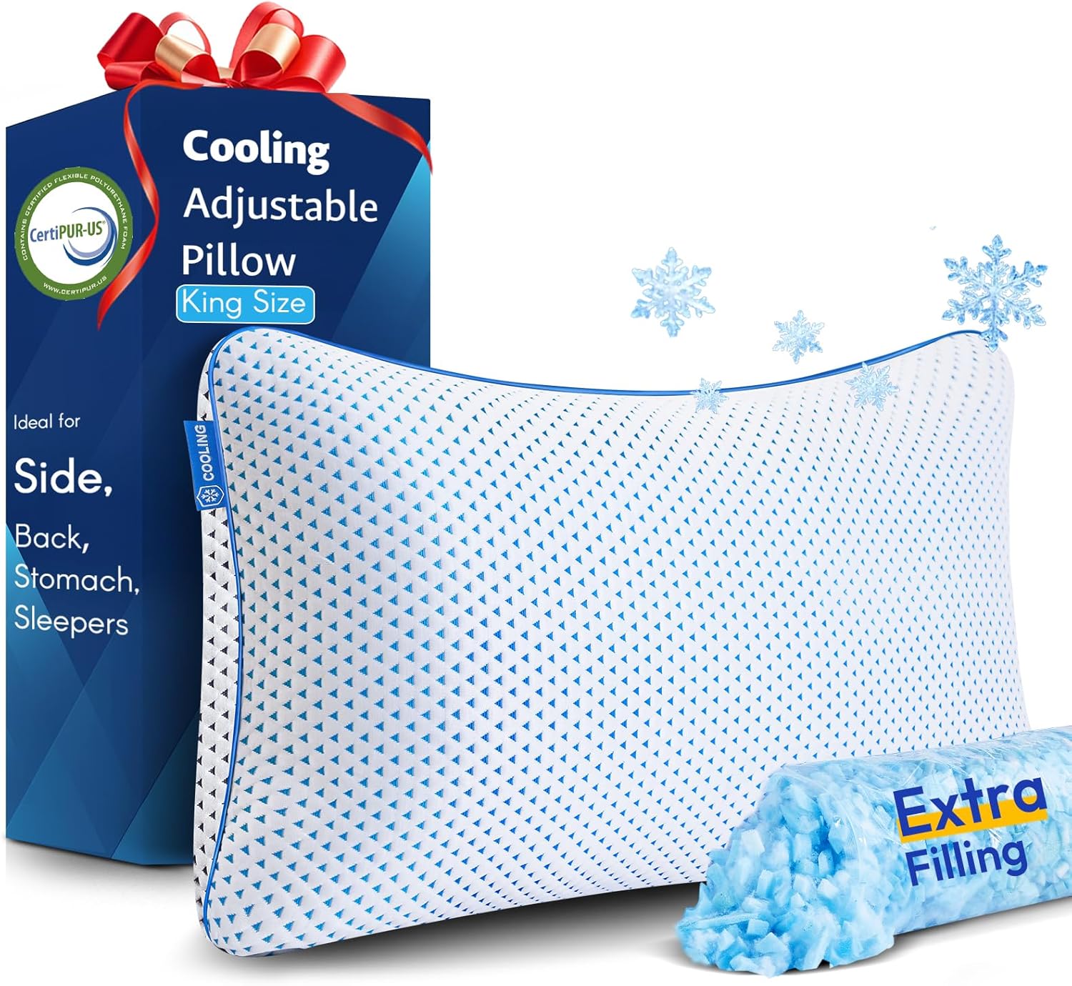 Cooling Pillows King Size 1 Pack for Sleeping, Adjustable Shredded Gel Memory Foam Cool Pillows for Side, Back, Hot Sleeper, Medium Firm for Neck Pain Relief, Washable Removable Cover, CertiPUR-US