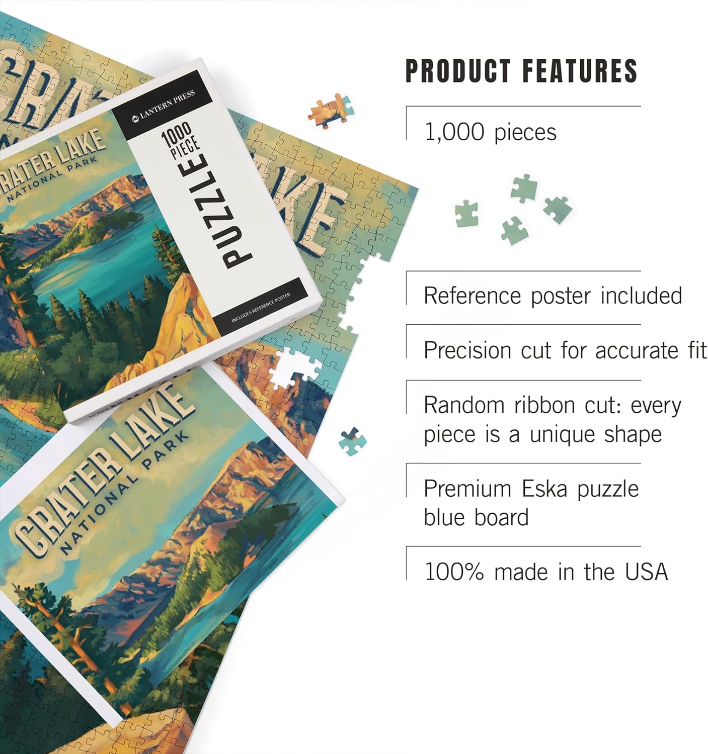 Lantern Press Crater Lake National Park Puzzle 1000 Pieces for Adults, Hand Drawn Art Landscape, Premium Jigsaw Puzzle Made in USA, National Park Puzzle with Poster