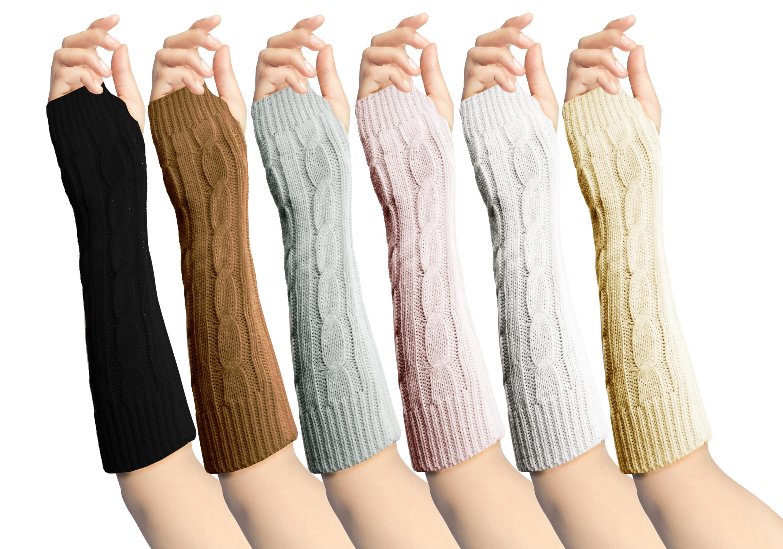 6 Pairs Long Fingerless Gloves, Cable Knit Arm Warmer Sleeve Premium Long Thermal