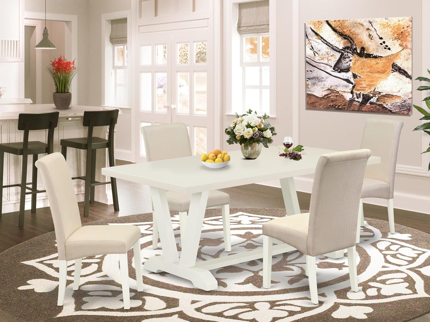 East West Furniture V027BA201-5 5 Piece Dining Room Furniture Set Includes a Rectangle Dining Table with V-Legs and 4 Cream Linen Fabric Upholstered Chairs, 40x72 Inch, Multi-Color