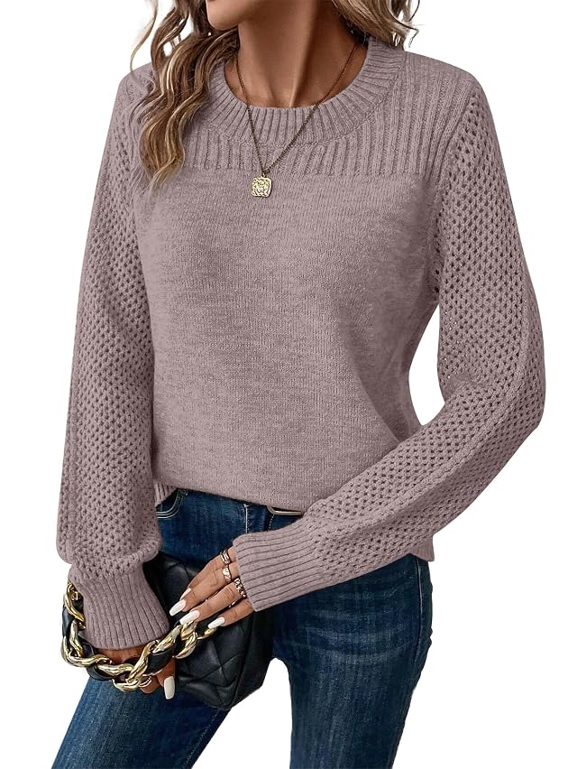 Womens Sweaters Casual Long Sleeve Crewneck Crochet Knit Pullover Sweater Tops 2025 Fall Fashion Trendy Outfits