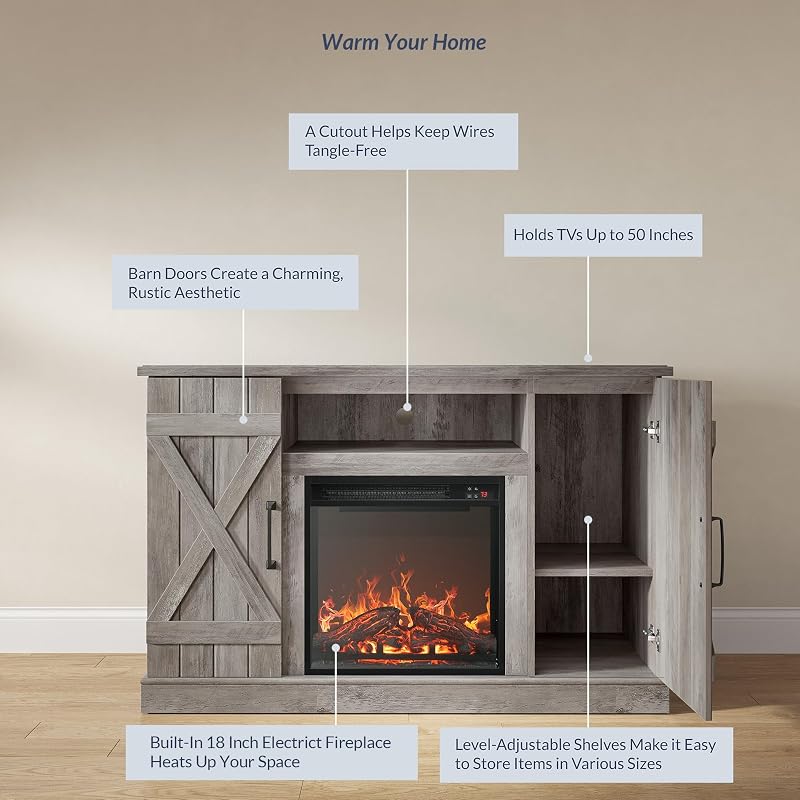 BELLEZE Veropeso 47" TV Stand with 18" Electric Fireplace - Grey Wash image 4