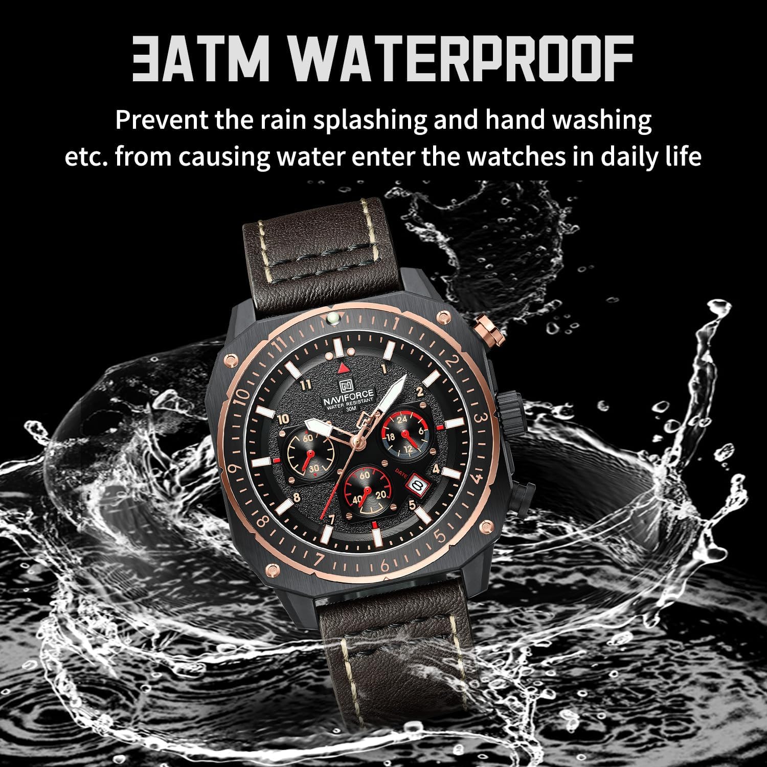 NAVIFORCE Men's Fashion Sport Watches Military Square Big Face Waterproof Chronograph Wristwatch with Luminous Hands,Leather Strap
