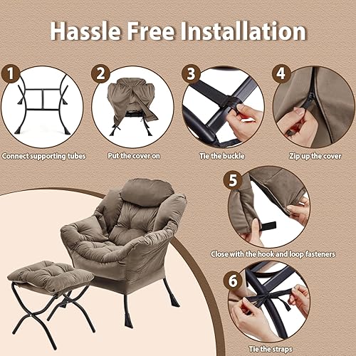 Miniatura 7 de Silla Lazy con otomana plegable, silla decorativa de terciopelo tapizada con estructura de metal y almohadillas antideslizantes, sillón con