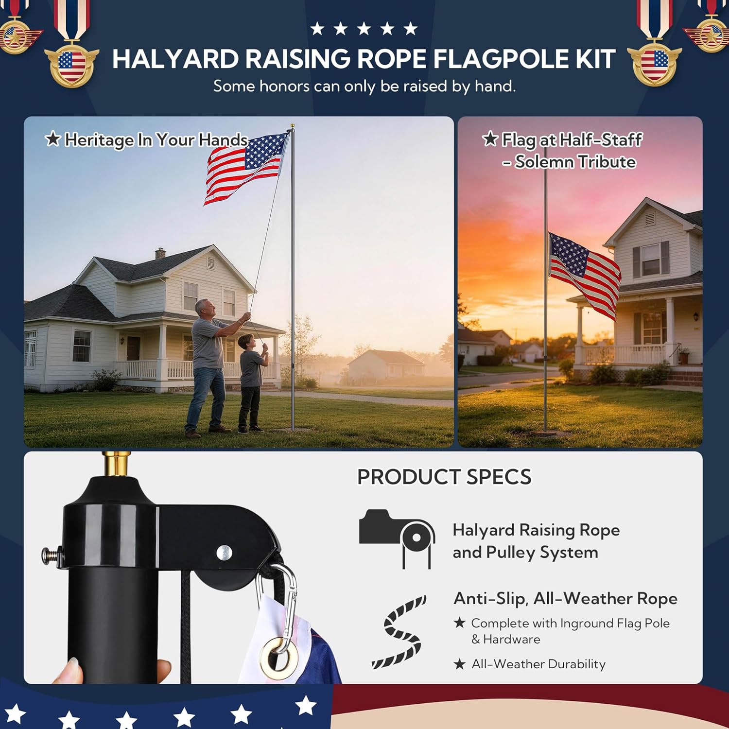 Yescom Bravery 20ft 13 Gauge Thicken Sectional Flag Pole Kit Aluminum Flagpole Set for Outside House Inground Yard Garden Residential Commercial with US Flag Top Halyard Raising Rope Sleeve, Black