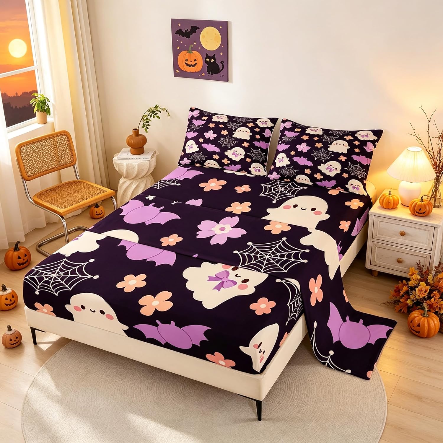 Feelyou Halloween Decor Bed Sheets Set Queen Size Cute Ghost Bed Set for Kids Boys Girls bat Deep Pocket Fitted Sheet Breathable Soft Lightweight Microfiber