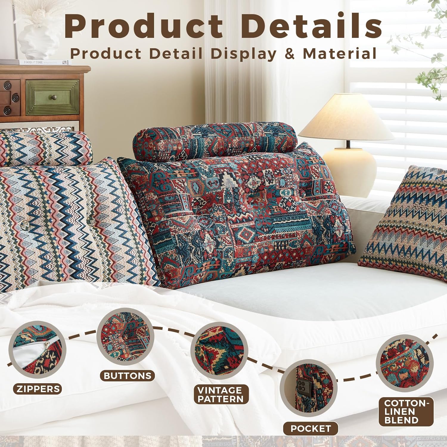 Boho Headboard Pillow for Queen, Large Triangular Wedge Pillow for Headboard Gap, Daybed for Sitting Up in Bed, Couch or Sofa with Removable Washable Cover and Side Pockets, Sparks Bloom