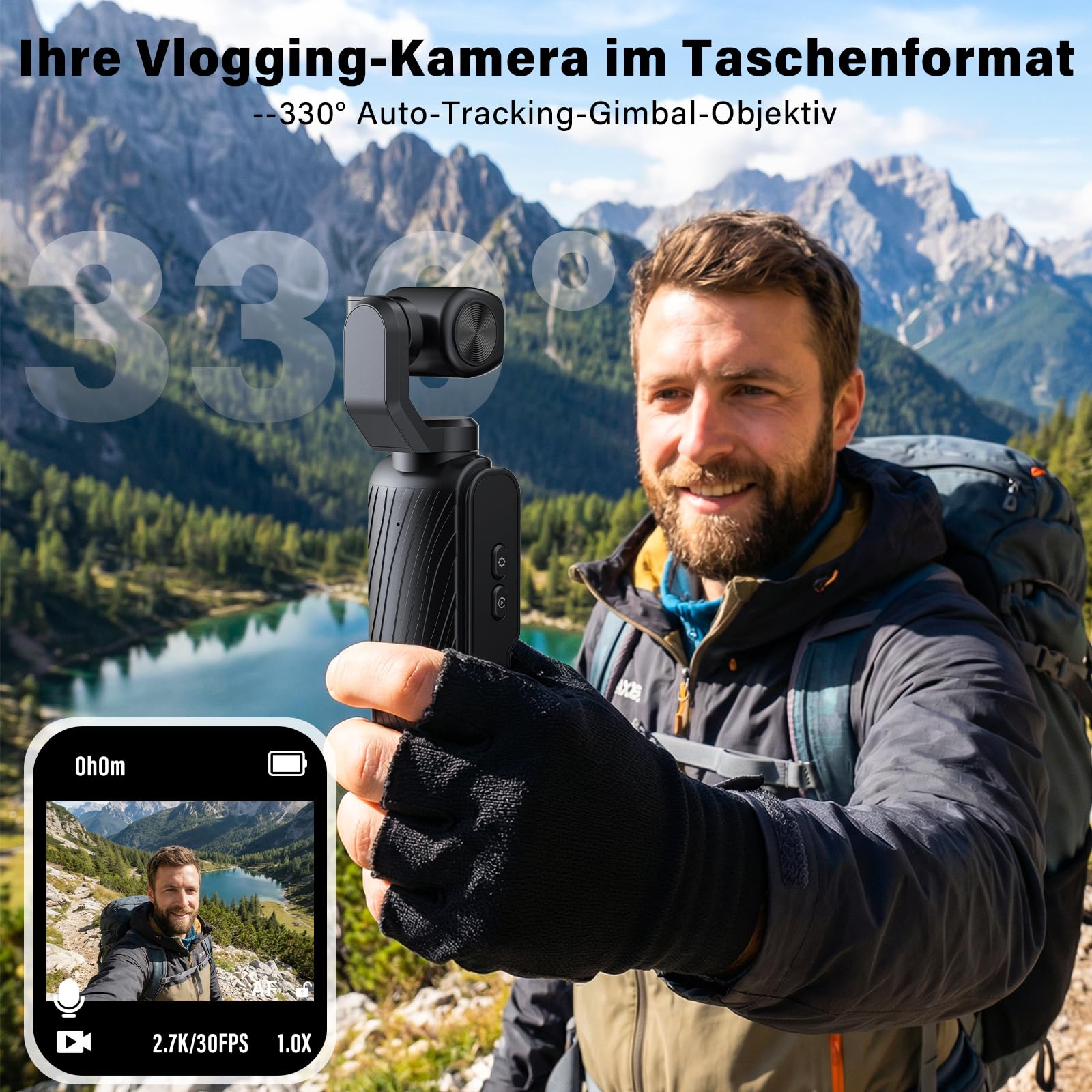 Action Kamera 4K, Vlog Kamera mit 1,72-Zoll-Touchscreen und 2-Achsen Stabilisierung, Digitalkamera mit 64GB Karte, AI Tracking & App Verbindung, Kompakte Video Kamera für Reisen Outdoor