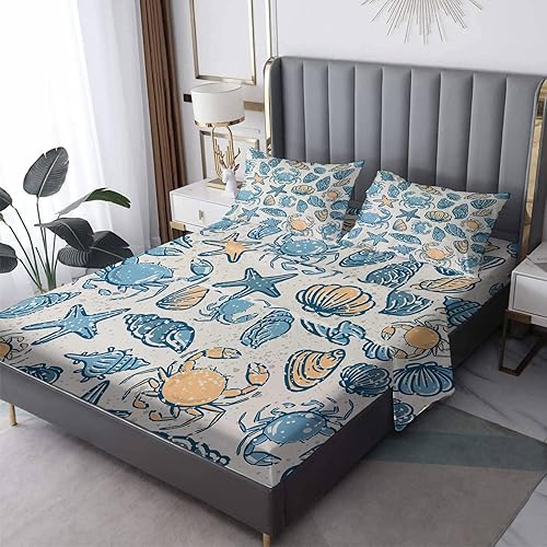 Juego de sábanas de estrellas de mar, tamaño King, diseño de conchas marinas, sábanas y fundas de almohada de 4 piezas, sábana bajera ajustable de