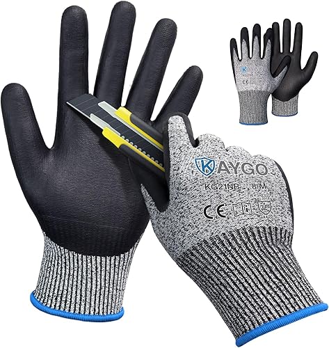 KAYGO Guantes resistentes a los cortes, revestimiento de nitrilo de microespuma, nivel de corte ANSI A3, rendimiento de agarre superior, guantes de