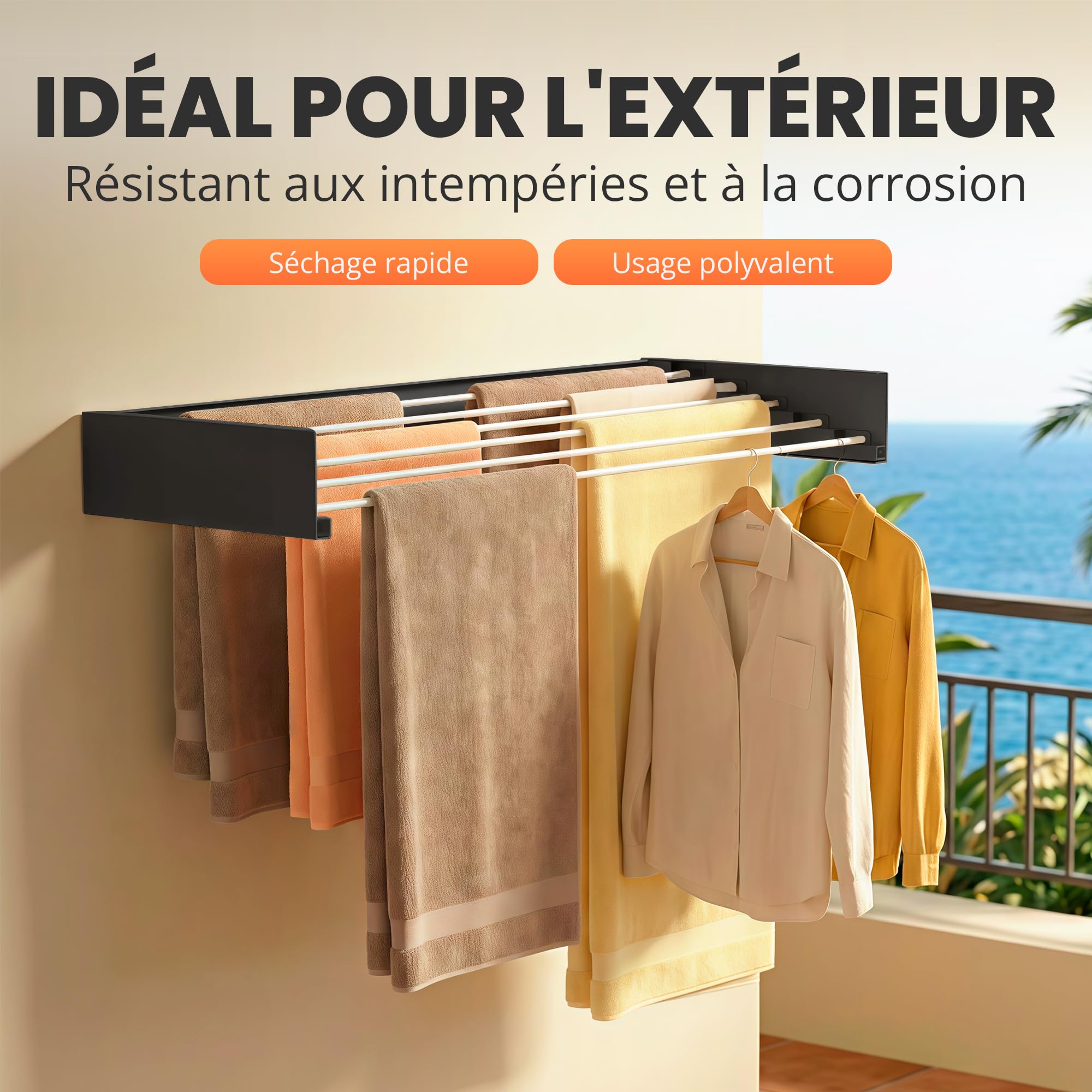 JUPPLIES Étendoir à Linge Mural Rétractable 100 cm – Séchoir Pliable Mural pour Intérieur ou Extérieur – Étendoir Compact en Aluminium 30 kg de Capacité (Noir)