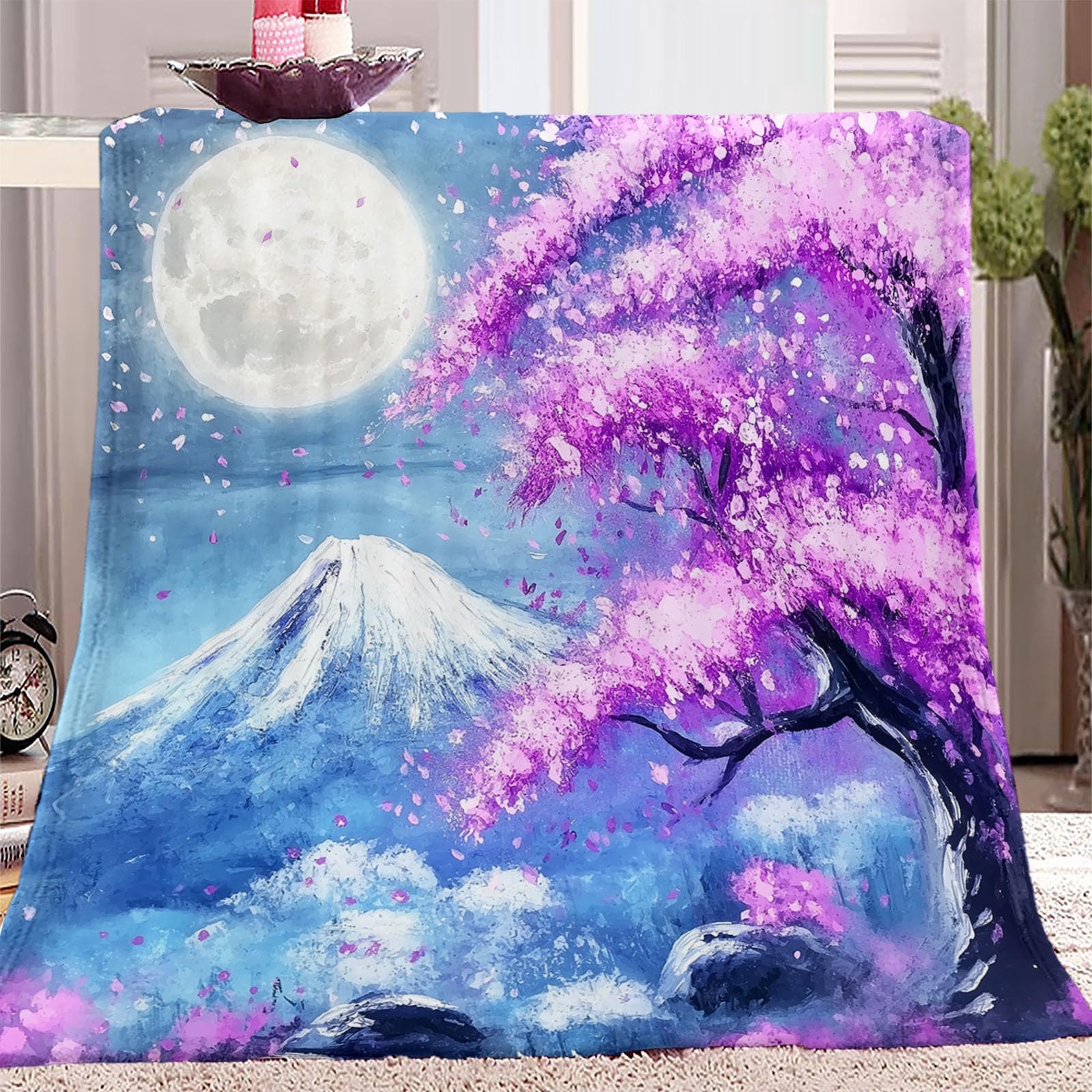 Miękki i lekki koc polarowy, elegancja w kwiaty księżyc, oddychający koc flanelowy, zmywalny, 200 x 200 cm, odpowiedni do sofy w łóżku i na pikniki