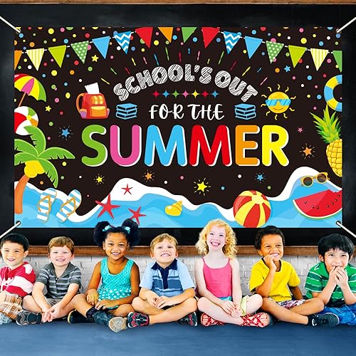 Miniatura 7 de Telón de fondo temático de fin de año escolar para niños, para clase de verano, fin de año escolar, pancarta temática para playa tropical, piscina,