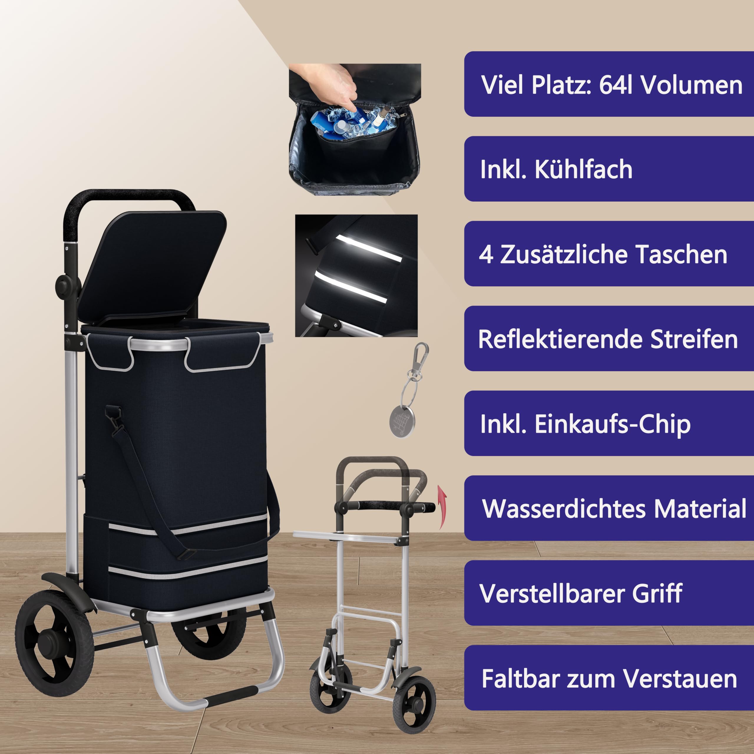 Einkaufstrolley 64L groß - Einkaufswagen klappbar, Trolley bis 60kg, Einkaufstasche mit Rollen und Kühlfach, Einkaufsroller mit Reflektor, Handwagen inkl. Einkaufswagenchip, Schwarz