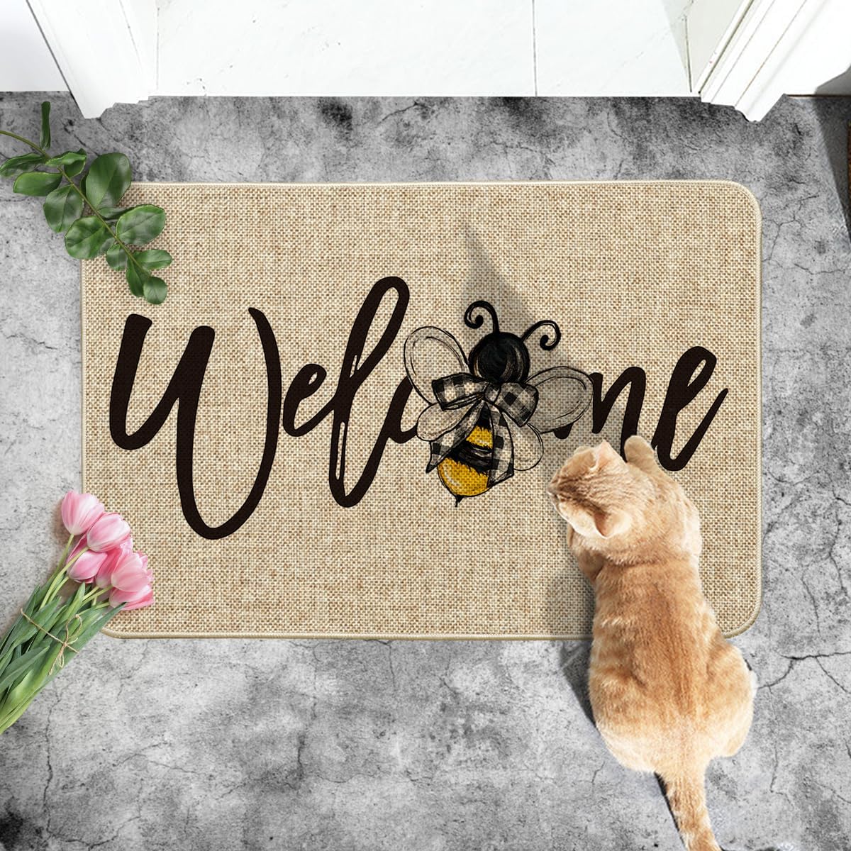 Artoid Mode Bee Welcome Spring Doormat, Summer Home Decor Low-Profile Switch Rug Door Mat Floor Mat for Indoor Outdoor 24x35 Inch