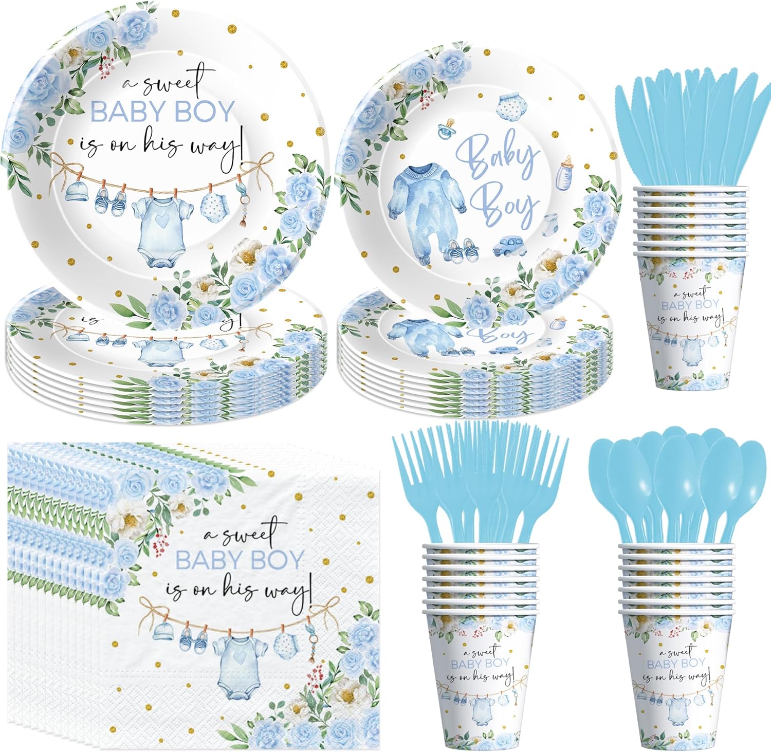 Baby Boy Baby Shower Plates and Napkins Decorations, Blue Floral Sweet Baby Boy Party Supplies for Gender Reveal, Paper Plates, Napkins, Cup, Disposable Cutlery, Serves 24