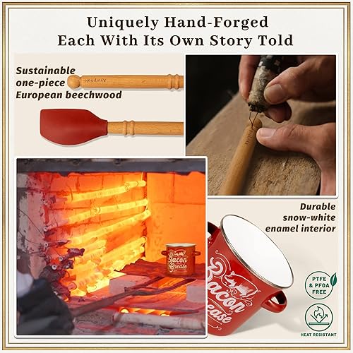 Miniatura 4 de Contenedor de grasa de tocino con colador, gran capacidad de 46 onzas, con espátula de madera de silicona de grado alimenticio, protector de grasa