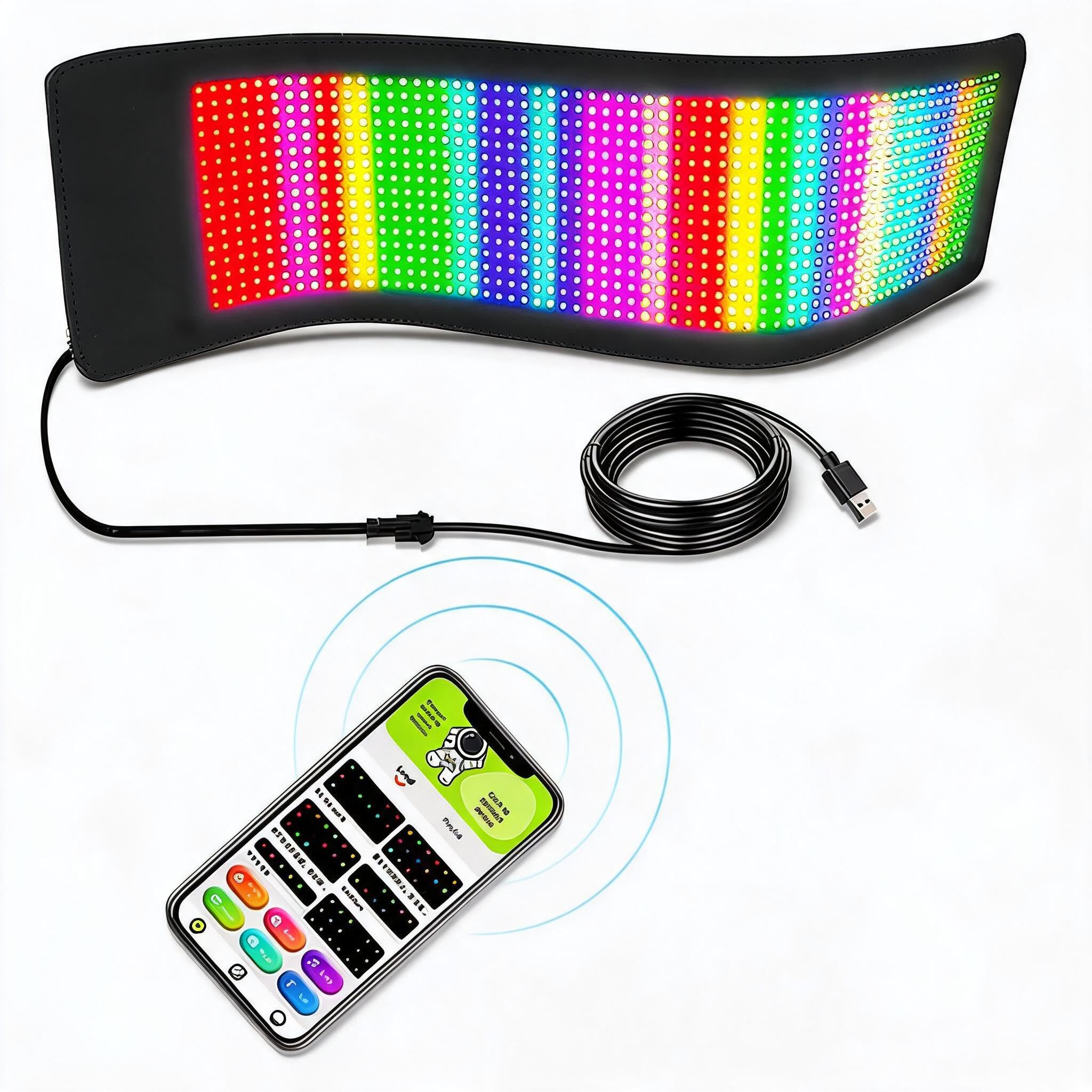 Écran de Voiture LED Flexible, écran de Voiture LED App Control avec Texte personnalisé, Panneau Publicitaire Programmable, alimenté par USB, Matrice de Points 16 X 64 (Points)