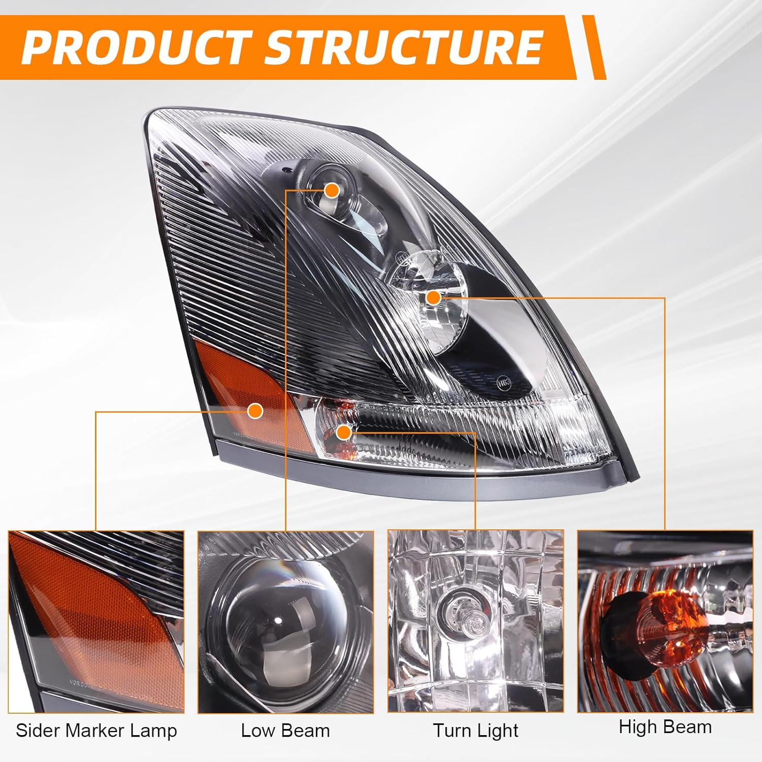 Headlights Assembly Compatible with 2004-2017 VOLVO VNL 670 780 Halogen with Bulbs Replacement Headlamp Right
