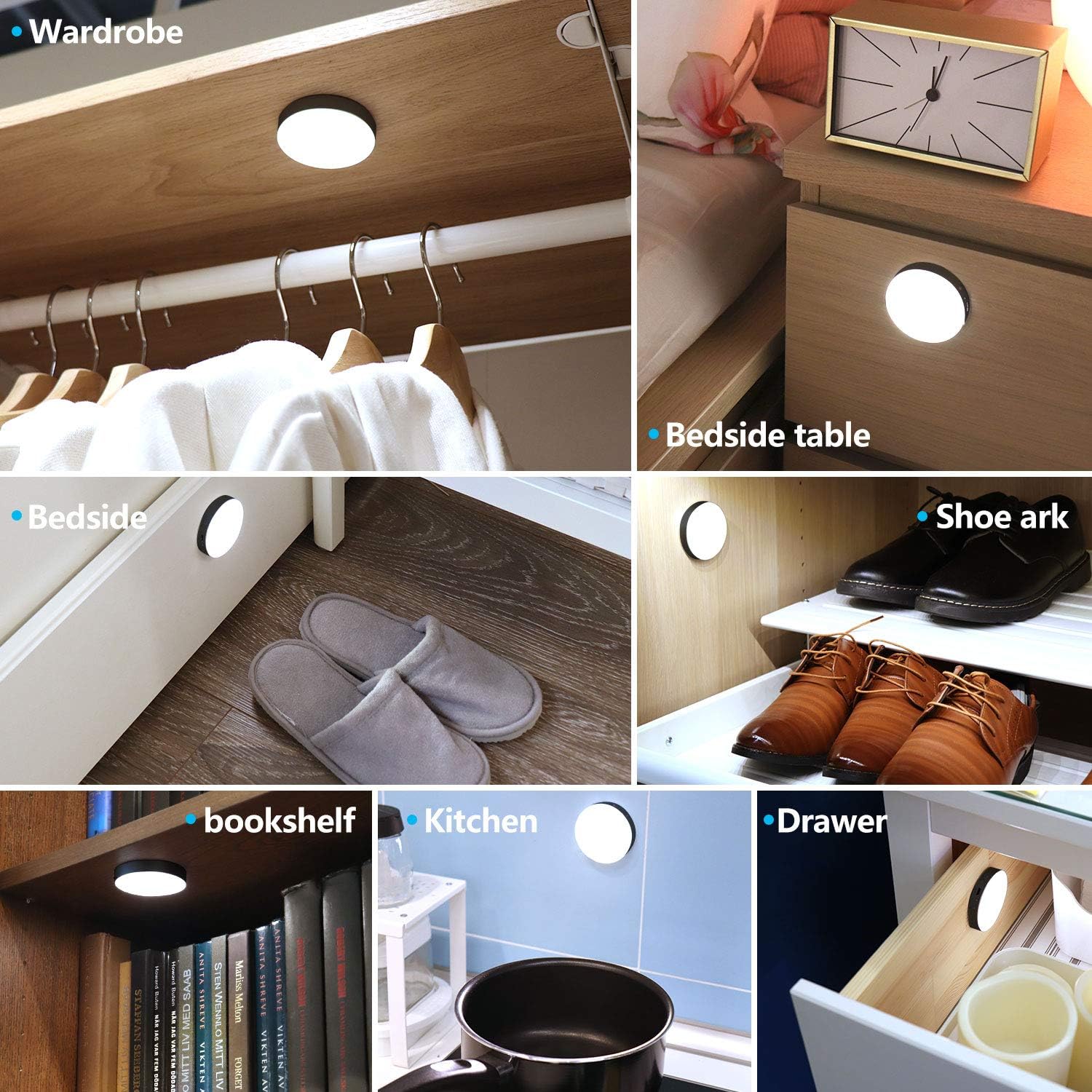 Daffodil Rechargeable Motion Sensing LED Night Light for Closet, Safe Lights for Hallway, Bathroom, Bedroom, Kitchen, etc(Round/Black),Pack of 2