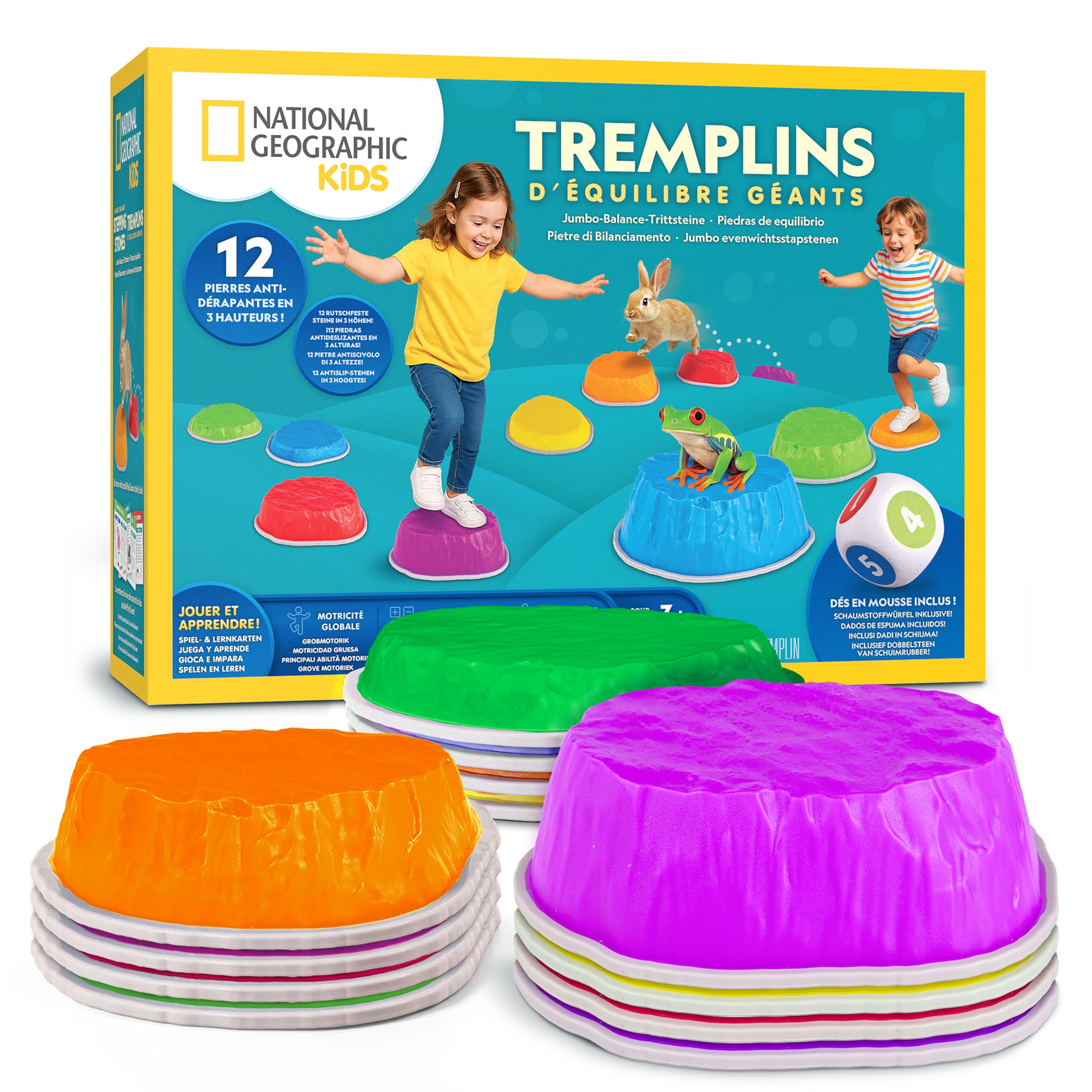 National Geographic Kids Jumbo Pierres D’Équilibre – 12 Pierres Antidérapantes 3 Hauteurs Dé en Mousse Cartes Play & Learn Parcours Obstacles Intérieur Extérieur Enfants 3+
