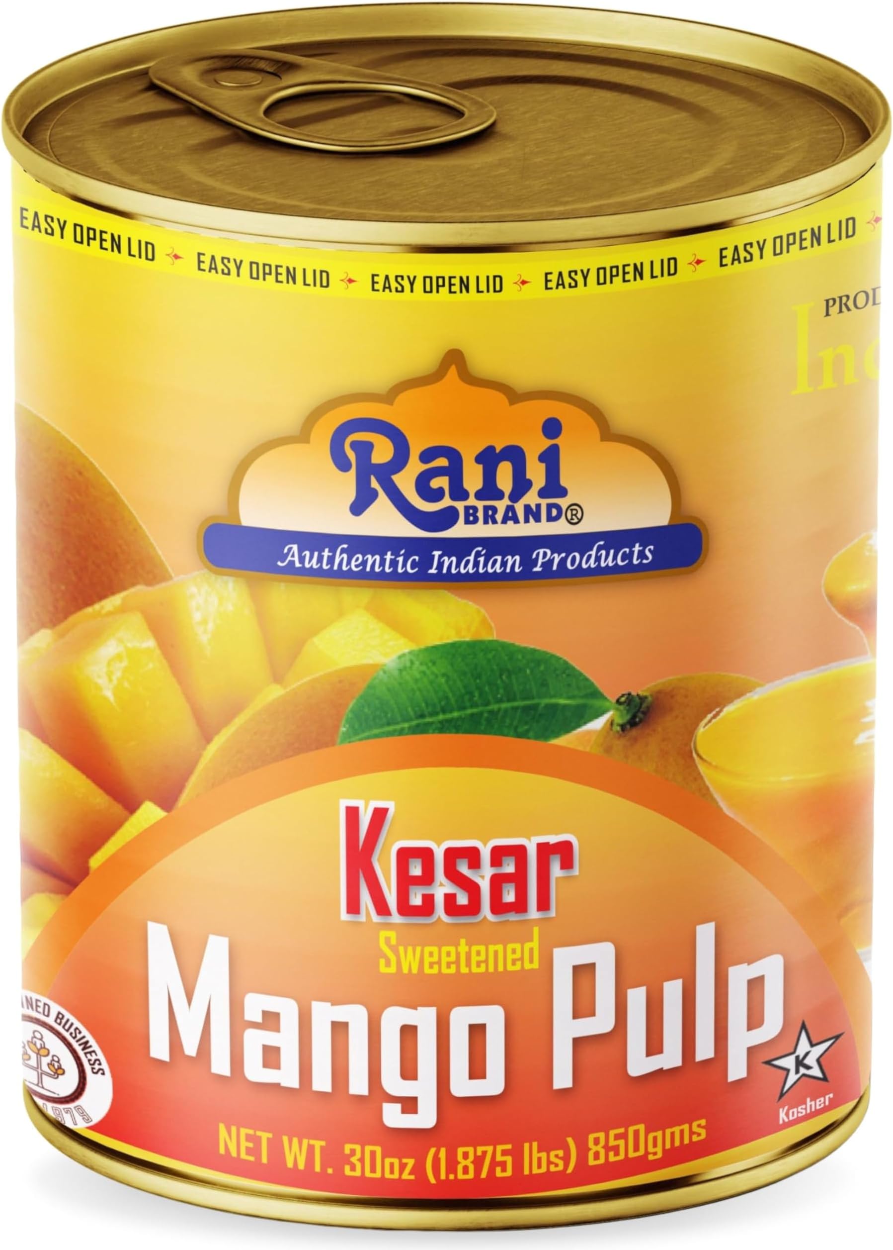 – Rani Mango Pulp Puree (Makes Mango Lassi Shakes) Kesar Sweetened 30oz (1.875lbs) 850g ~ Kosher | All Natural | NON-GMO | Vegan | No colors | Gluten Friendly | Indian Origin