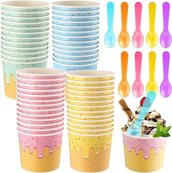 40 Pack 4 oz Ice Cream Cups with Spoons Paper Dessert Cups Colorful Sundae Bowls Disposable Ice Cream Containers for Hot Soup Spring Summer Graduation Bar Party Supplies