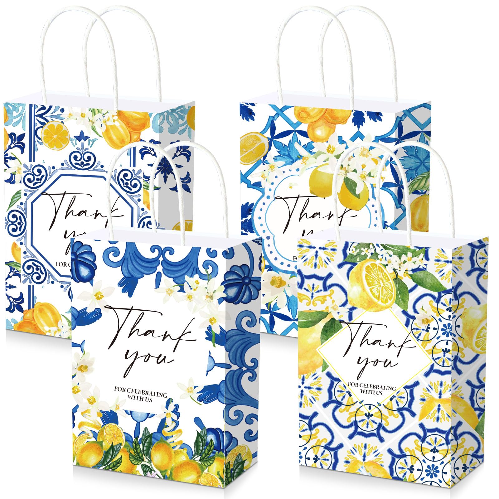 Capoda 24 Pcs Lemon Gift Bags Capri Blue Tile Party Decorations Bulk Lemon Candy Bags Goodie Stuffed Thank You Present Summer Mediterranean Decor for Birthday Baby Shower Wedding Party Favor Supplies