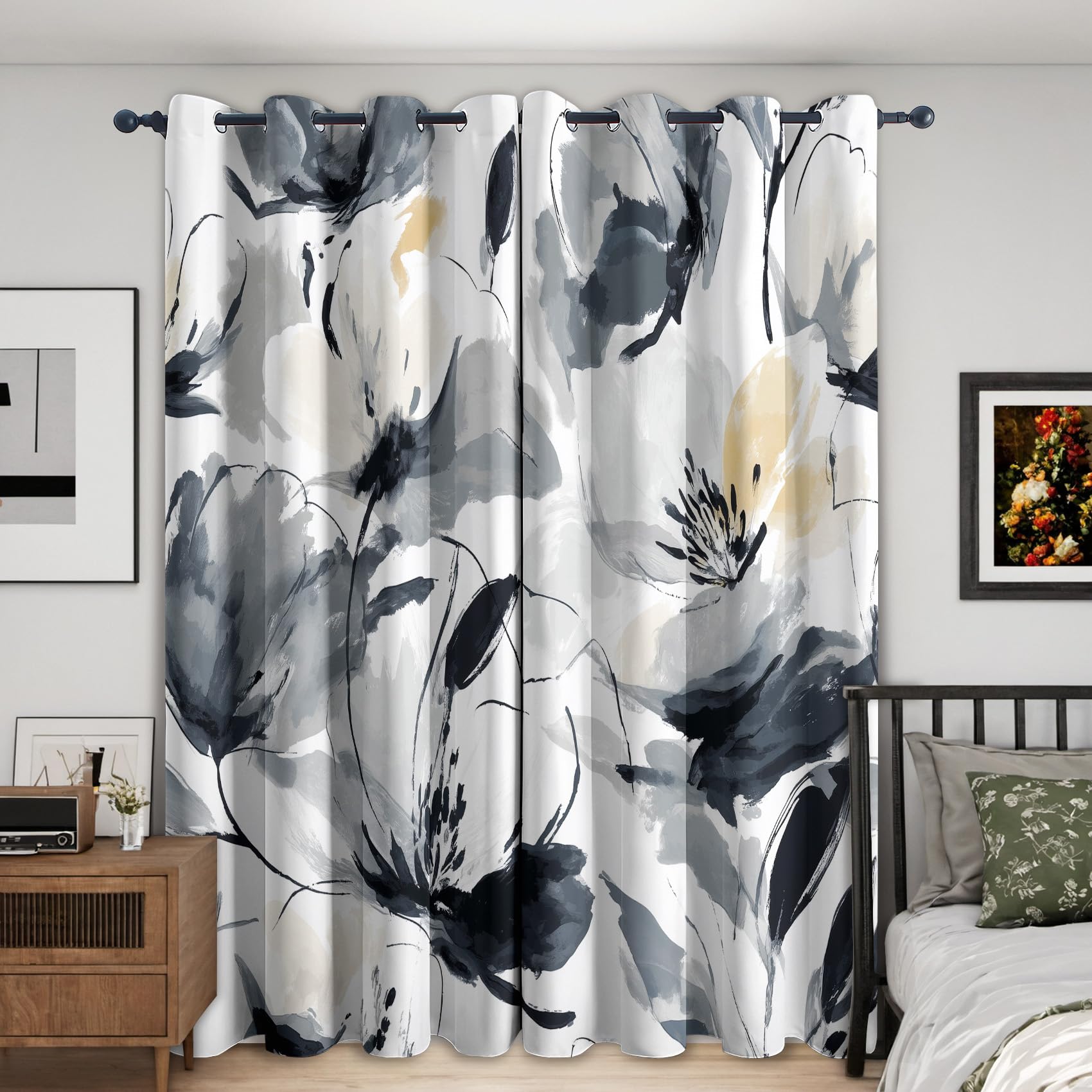Rideau Occultant Floral Abstrait, Aquarelle Noir et Blanc Motif Rideaux Thermiques à Oeillets, Rideaux Imprimé pour Salon Chambre Fenetre Moderne Décoration, 140x180 cm (L x H), Lot de 2