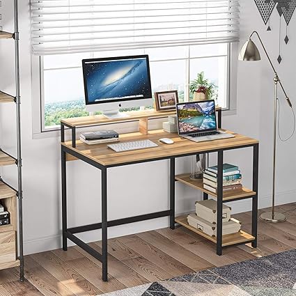 Priti Computer Desk Industrial Writing Desk for Study, Computer Workstations PC Desk Table with Metal Frame, 2 Shelves for Home, Office, Living Room, Bedroom Easy to Assemble