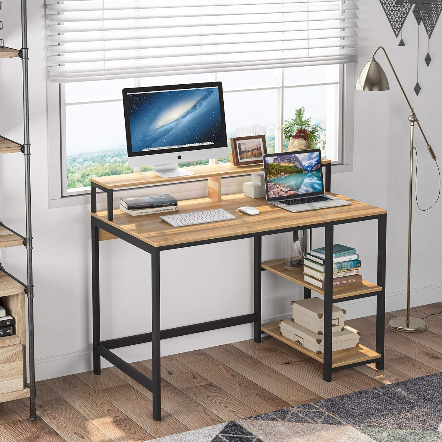 Priti Computer Desk with Storage Shelves Small Writing Desk with Bookshelf Industrial Home Office Desk with Metal Frame Study Table for Bedroom