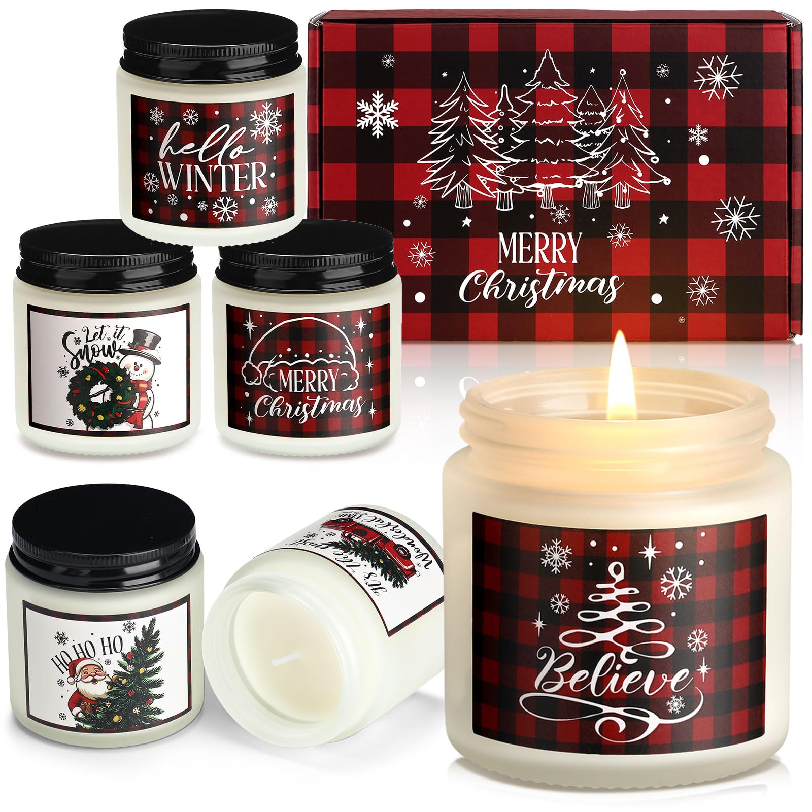 Conelist Lot de 6 bougies de Noël parfumées pour la maison, cadeaux de Noël pour femme, vacances d'hiver, pot de cire de soja naturelle, cadeaux d'aromathérapie, cadeaux pour femmes, hommes et adultes