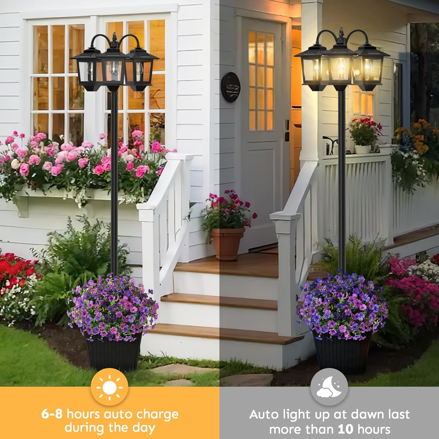 3-Head Solar Lamp Post with Planter, 74 Solar Light Flower Pot Lamp Post, 60Lm Waterproof Solar Light Poles for Outside, Garden, Patio, Yard, Driveway, Replaceable Bulb