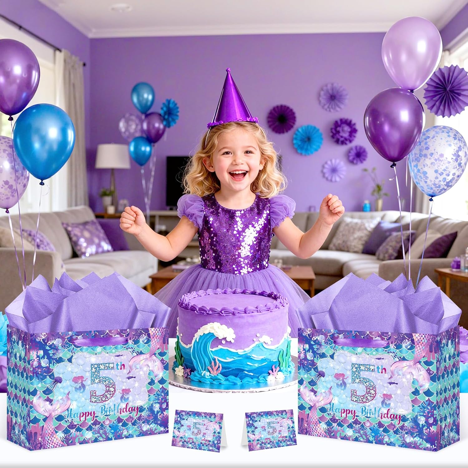 LUUFILx 5th Mermaid Birthday Gift Bag for Girls 5th Purple Mermaid Theme Birthday Wrapping Paper with Tissue Paper Greeting Card Purple Gift Bags with Ribbon Handle for Baby Shower Decor Supplies - Image 2