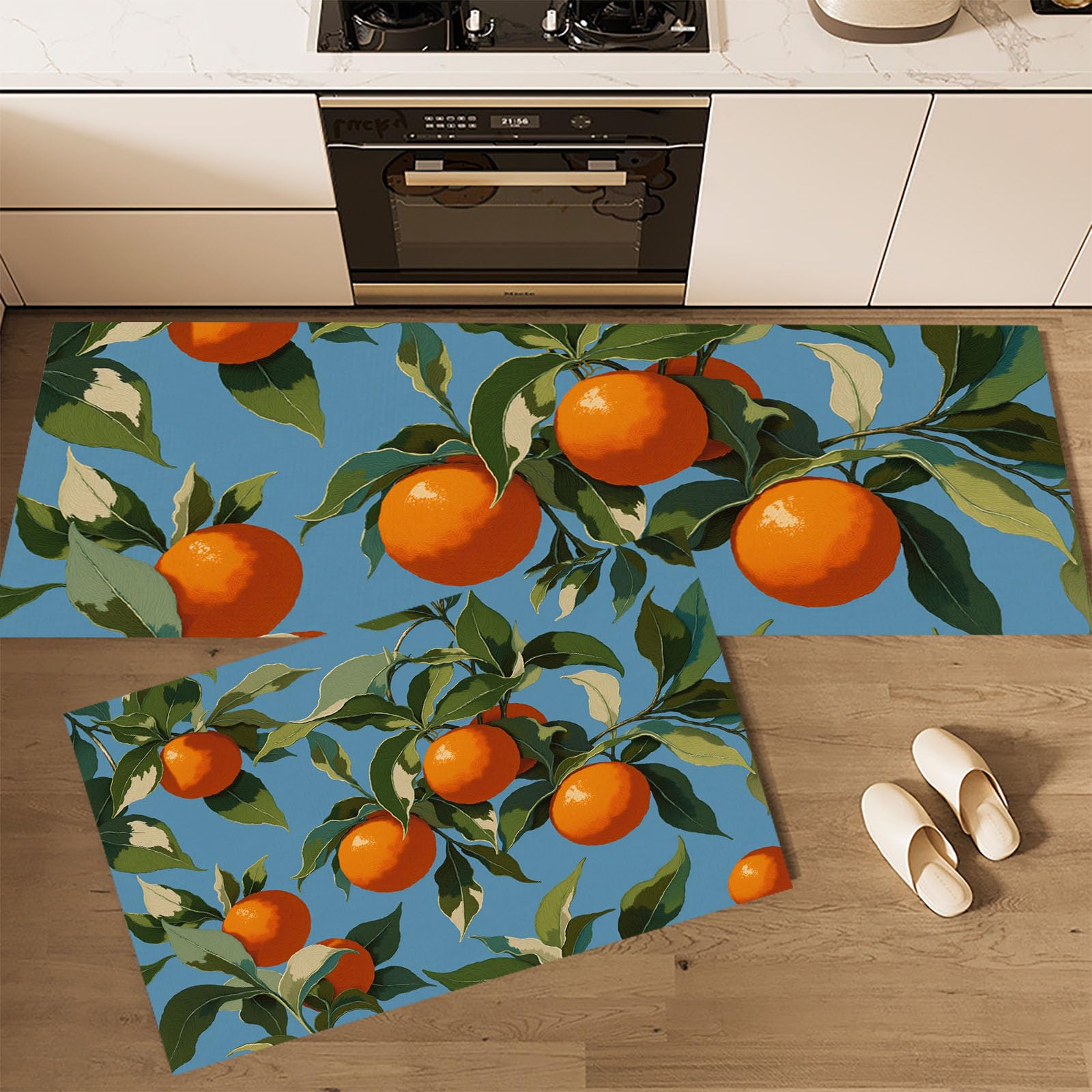 Corredor de pasillo y cocina con ilustración de árbol de naranjas para un hogar acogedor