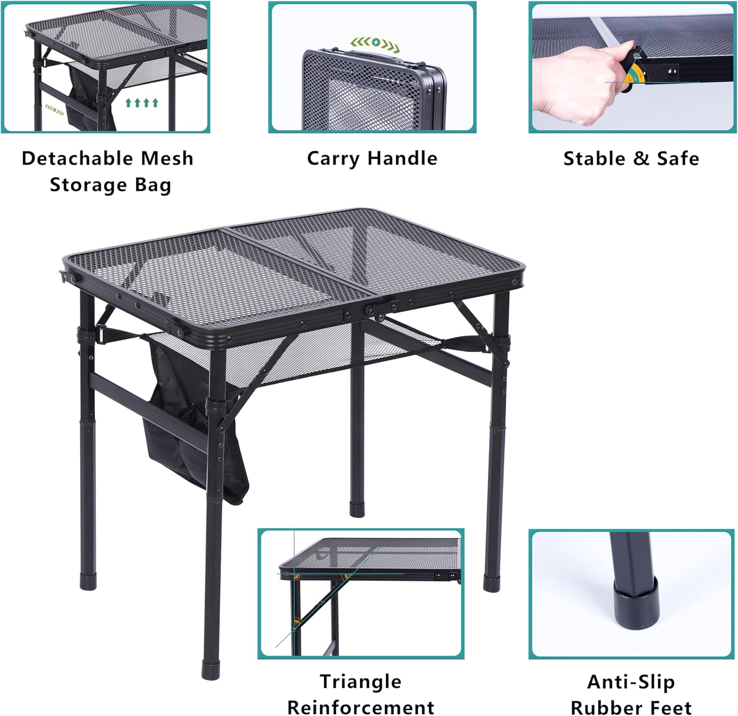 Nice C Table for Grill, Outdoor Table, Camping Table, Outdoor Cooking Table, Picnic Tables, Card Table Adjustable Height, Mesh Bag, Carry Handle (47.3” x 23.7“ x 14.7”/24.2“ Black)