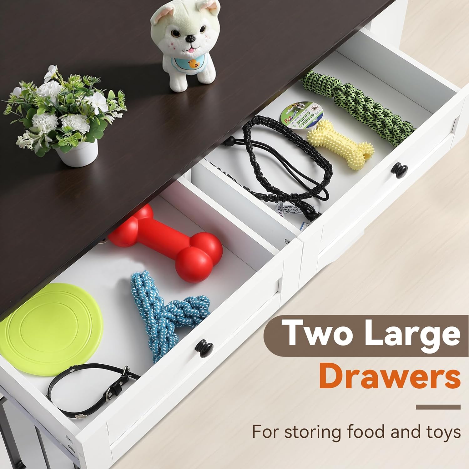 Dog Crate Furniture, Heavy Duty Dog Kennel Furniture for Medium Dogs, Wooden Double Dog Kennel Furniture with 2 Storage Drawers, Tv Stand Dog cage with Power Outlet (White, 47“)