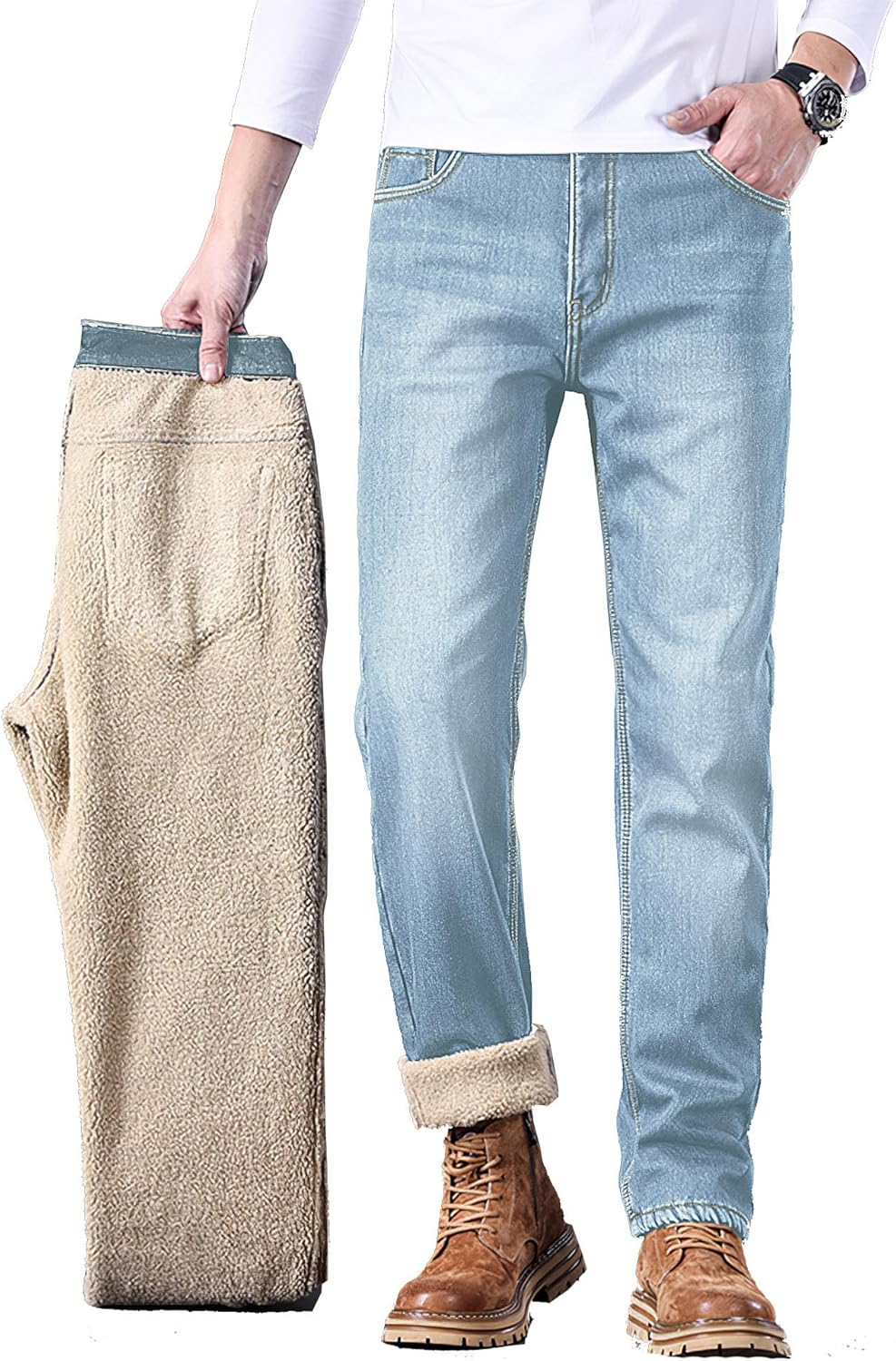 Mens Fleece Lined Jeans Straight Leg Stretch Winter Warm Denim Pants