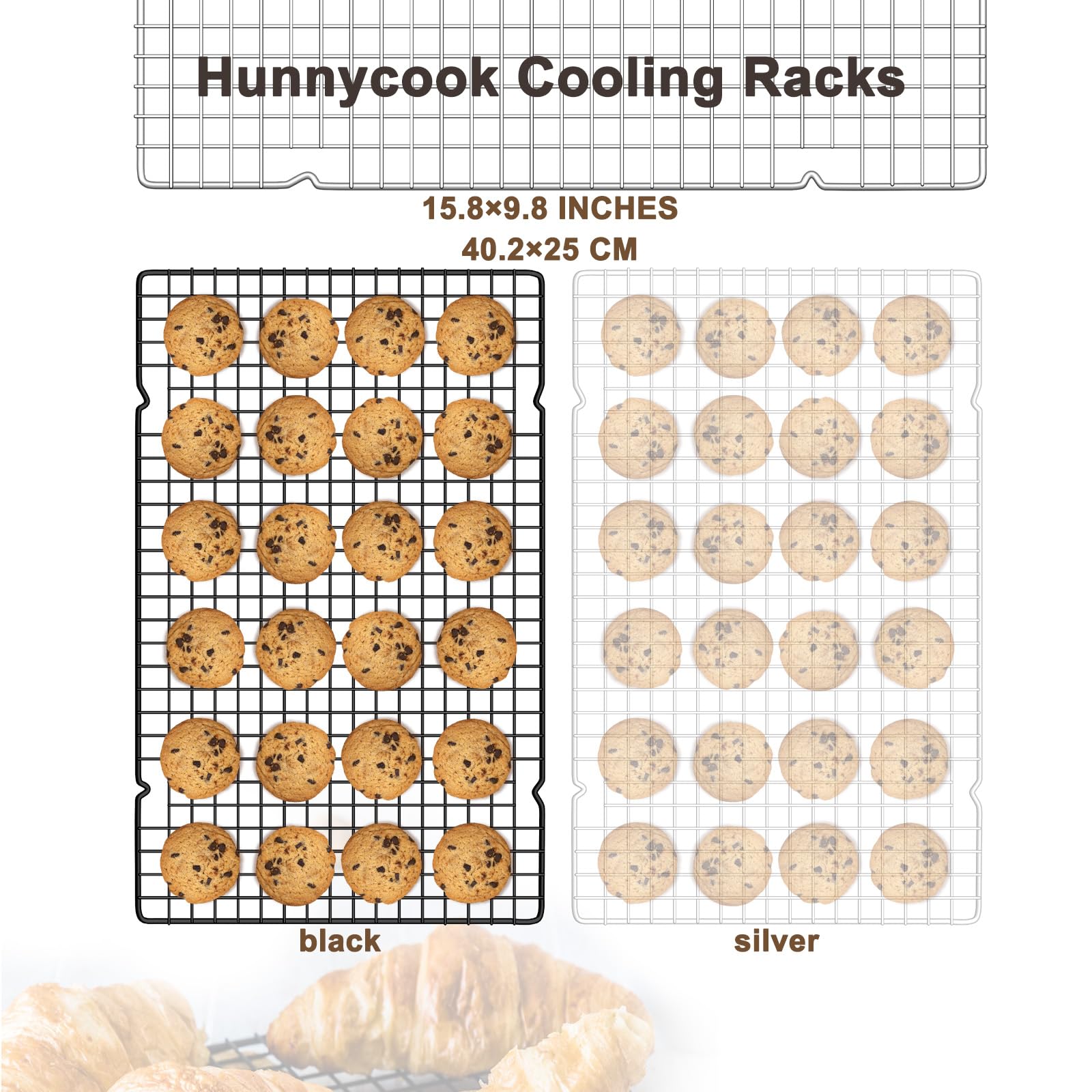 Hunnycook Set di 3 Griglie di Raffreddamento Rettangolari, Griglia per Dolci in Acciaio Inox, 40,2cm*25cm Nero, Griglia Riutilizzabile per Cottura, Grigliata e Essiccazione, Sana e Robusta, Lavabile
