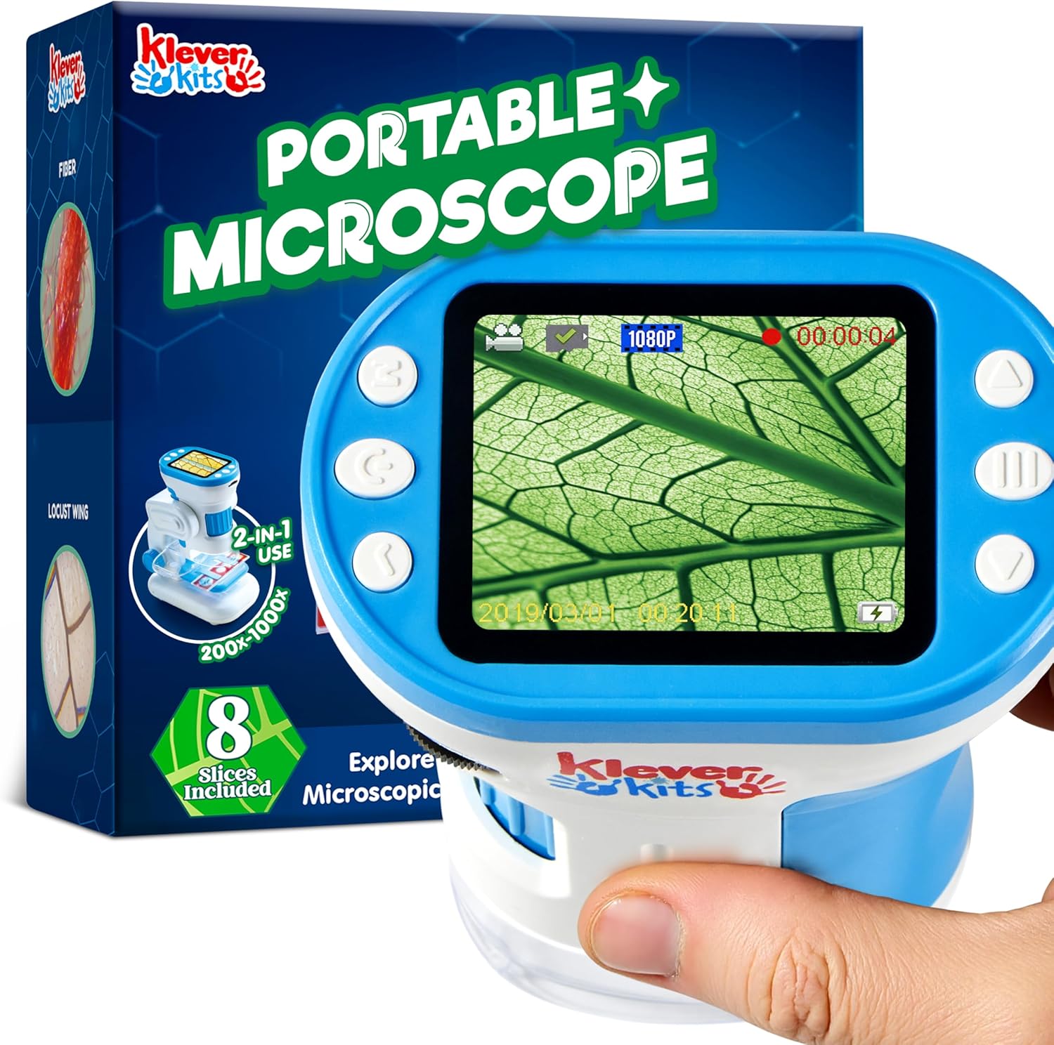 JOVA Klever Kits 2 in 1 Handheld Microscope for Kids, 1000X HD Digital Kids Microscope with 2.0” LED Screen, Portable Pocket Handheld with Slides, 32G Card, Edu Gifts Toys for Ages 5-12=