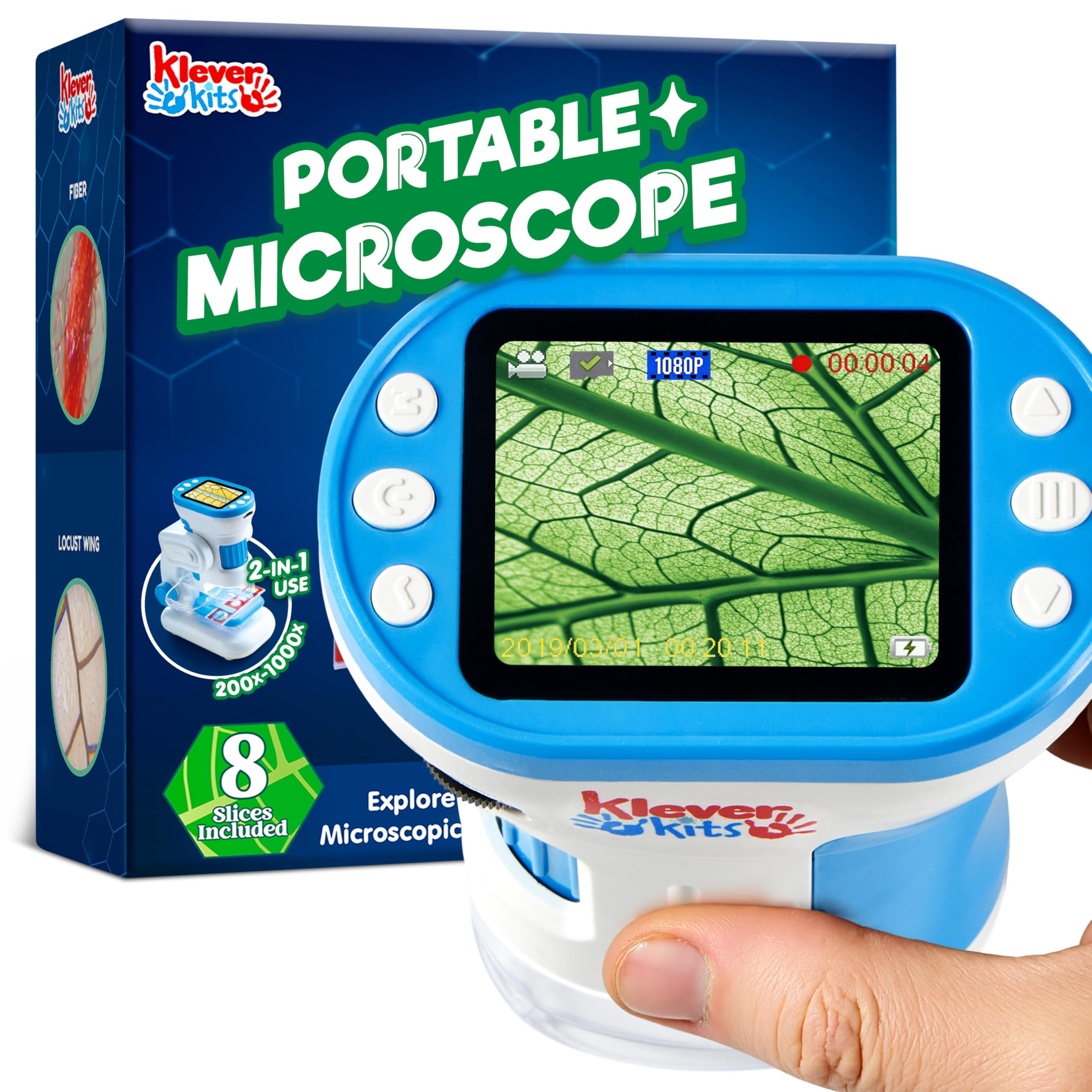 Klever Kits Microscope Explorer Set for Kids, 2 in 1 Science Experiment Toy with Portable Microscope and 12 Specimen Slides, 60X-180X, Educational Toys for Kids Aged 5+