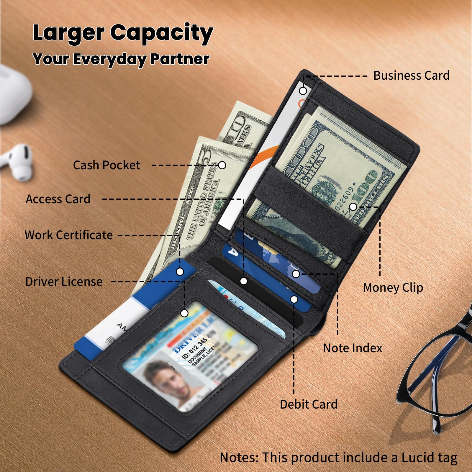 Tukio AirTag Portafoglio Uomo/Donna Slim, Portacarte Uomo in Pelle con ID Window, Porta Carte di Credito Piccolo, Porta Tessere con Portamonete, per 8-12 Tessere, Air Tag Wallet, Regalo, Nero