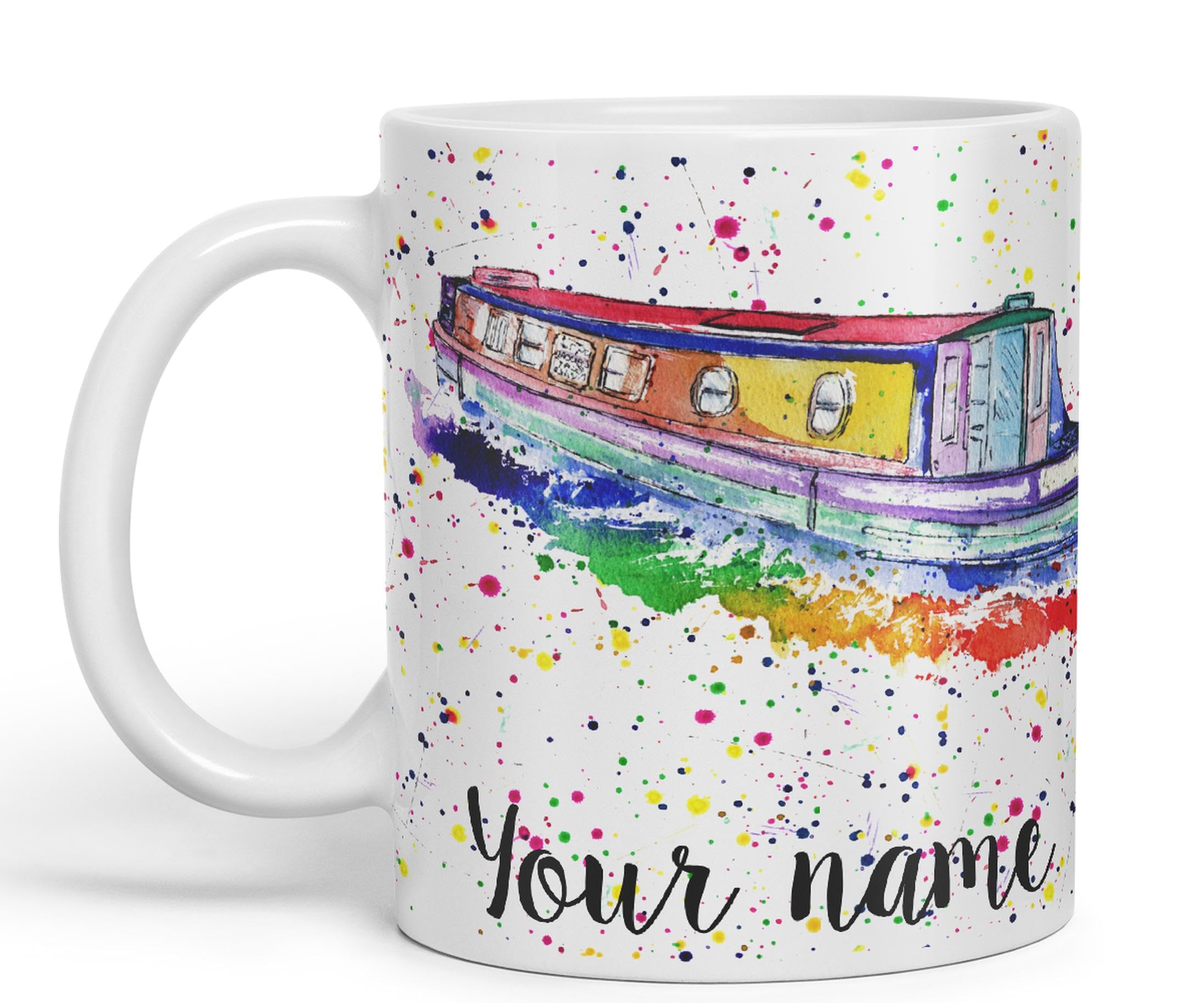 Vixar Personalised with Your Text Narrowboat Canal Boat Watercolour Art Coloured Ceramic Mug Cup Gift 330ml 11oz Custom Work Office Tea Coffee (White)