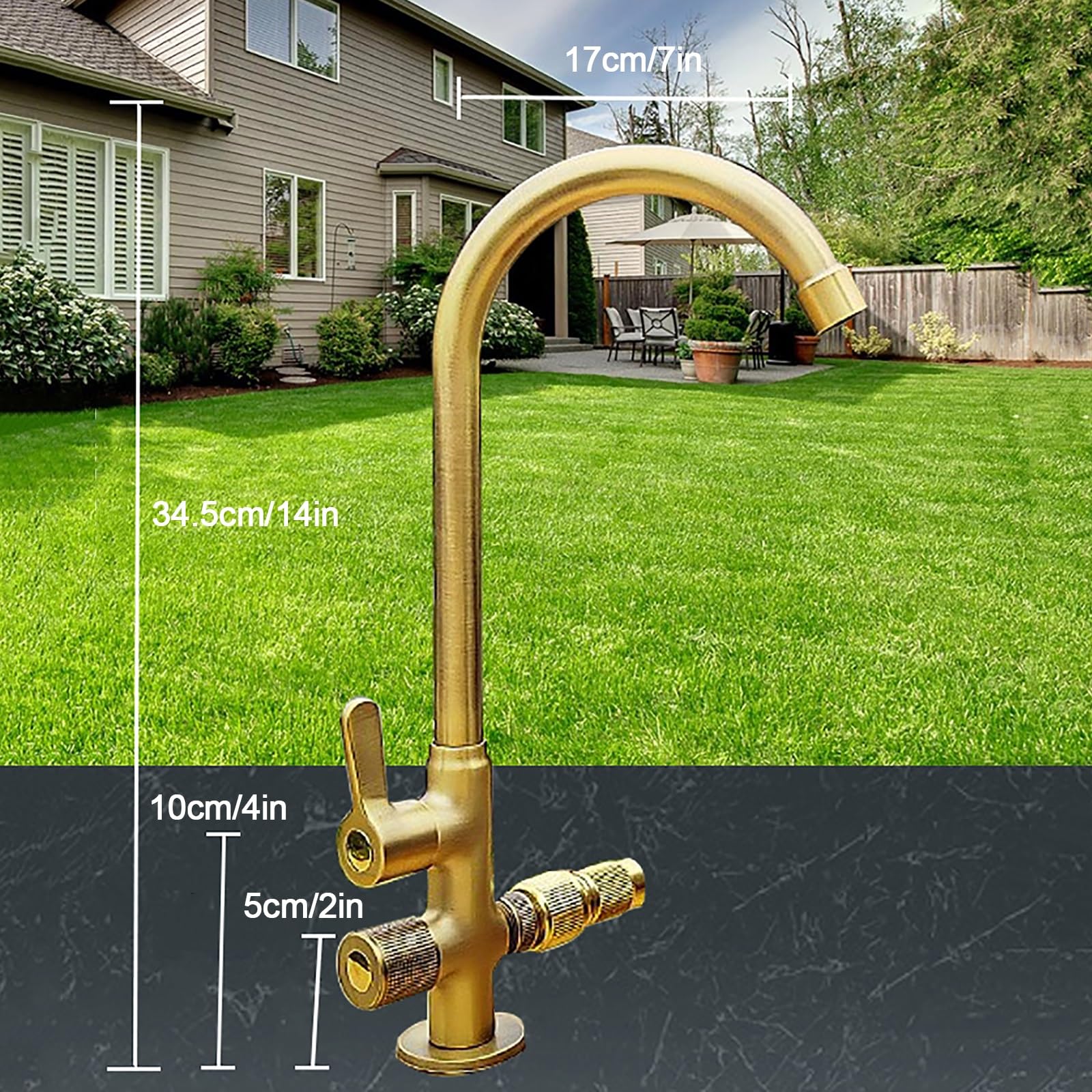 Grifo exterior latón para patio, grifo jardin para fregadero cocina comercial, grifo fría para montaje en cubierta de barra con 2 interruptores de válvula independientes(Gold)