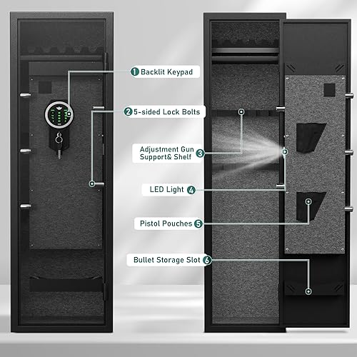 Miniatura 3 de Kavey Caja fuerte para 5-8 armas, caja fuerte larga para rifles y pistolas del hogar con teclado retroiluminado, gabinete de armas de acceso rápido