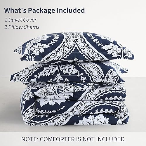 Vista 34 de PERHOM Funda de edredón azul Queen – Funda de edredón de damasco de cachemira tamaño Queen, juego de funda de edredón de 3 piezas, 100% algodón