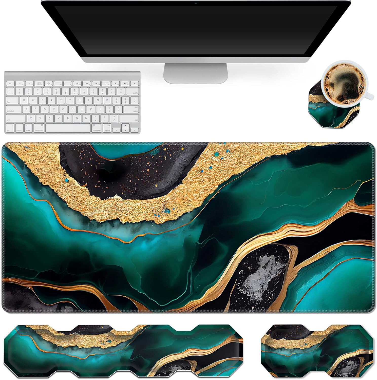 RYUITHDJP Large Mouse Pad for Gaming+Keyboard Wrist Rest+Wrist Support+Coaster Set of 4, XXL Extended Gaming Mouse Pad Desk Pad Easy Typing Pain Relief Non Skid Base Desk Mat-Marble Green