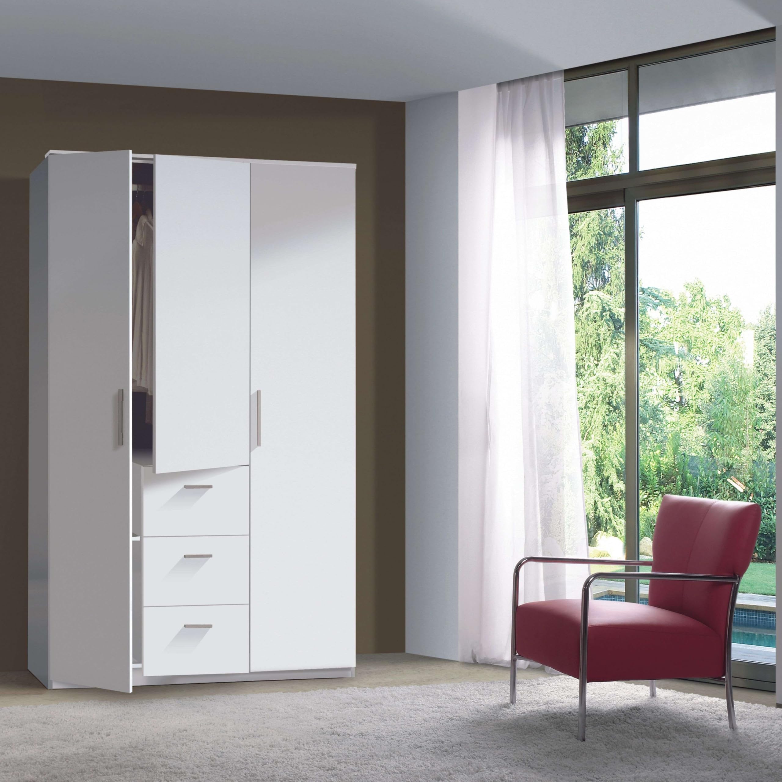 Habitdesign Armario Ropero 3 Puertas y 3 cajones, 203x117x52 (AltoxAnchoxFondo - en Cm), con Barra Colgadora y Estantes, Color Blanco Brillo