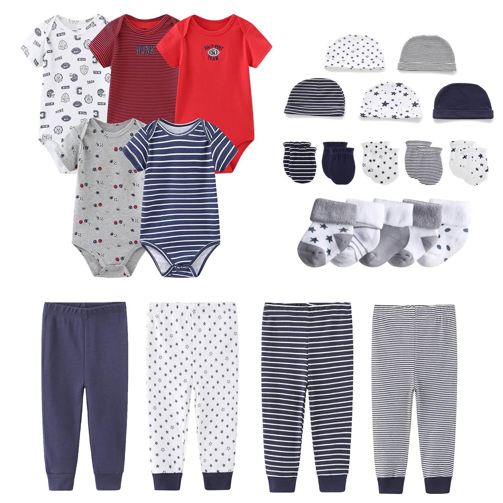 MAMIMAKA Newborn Layette Gift Set Bodysuits Pants for Baby Girl and Boy 24 Piece 100% Cotton Essentials and Accessories